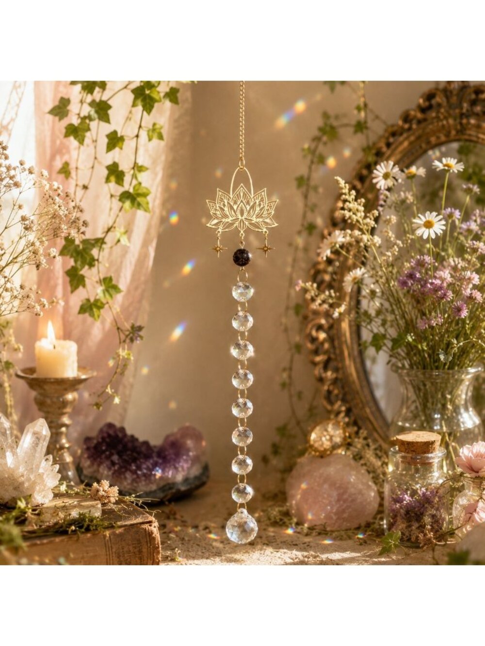 Leopard Jasper Suncatcher Lotus Crystal Prism Hanging Sun Catcher Boho Window